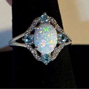 Lab Created Opal, Natural Diamond and Natural Blue Topaz Ring Sterling Silver